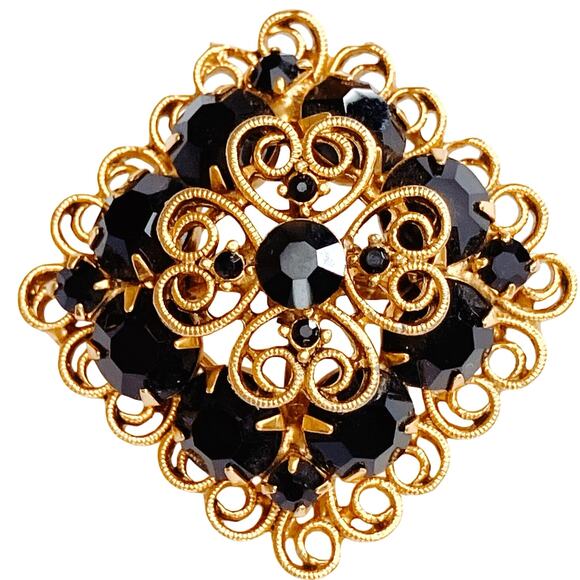 Vintage Gold Filigree Brooch Black Glass Rhinestones Scrollwork Tiered Layered - Picture 1 of 8